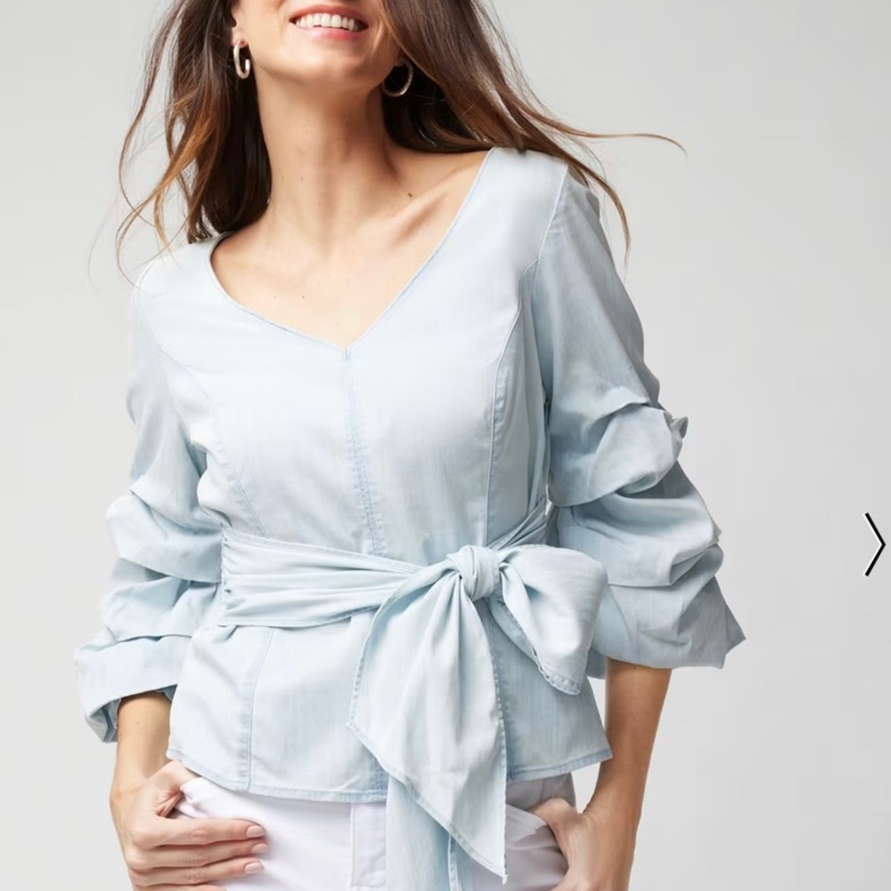 NWT - WHBM Blue Denim Ruffle Puff Sleeve Blouse Tie at Waist Top